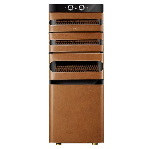 Afidano 1200 count cigar humidor with genuine leather exterior, Spanish cedar drawers, fingerprint lock, and climate control system for premium cigar preservation.
