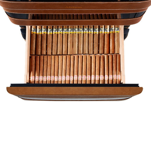 Afidano 1200 count cigar humidor with genuine leather exterior, Spanish cedar drawers, fingerprint lock, and climate control system for premium cigar preservation.