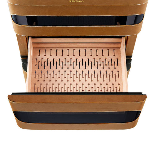 Afidano 1200 count cigar humidor with genuine leather exterior, Spanish cedar drawers, fingerprint lock, and climate control system for premium cigar preservation.