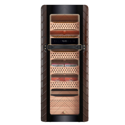 Afidano Sculptural C5 cigar humidor with sculptural design, Spanish cedar drawers, fingerprint lock, LED lighting, and precision climate control for storing up to 1,600 cigars.