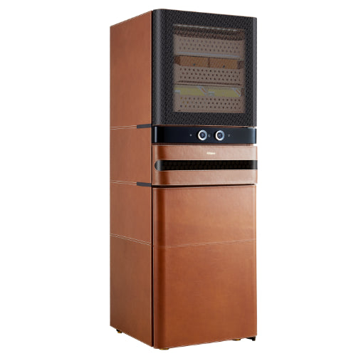 Afidano 2200 count cigar humidor with genuine leather exterior, Spanish cedar drawers, fingerprint lock, LED lighting, and advanced climate control for luxury cigar preservation.