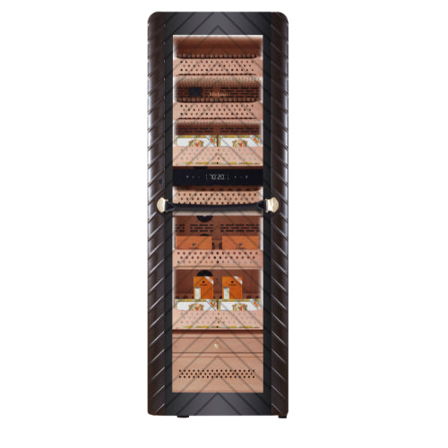 Afidano C8 electric cigar humidor with sculptural design, Spanish cedar drawers, fingerprint lock, LED lighting, and advanced climate control for storing up to 3,000 cigars.