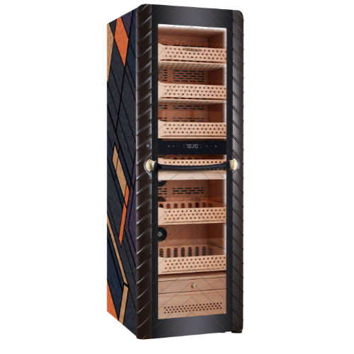 Afidano C8 electric cigar humidor with sculptural design, Spanish cedar drawers, fingerprint lock, LED lighting, and advanced climate control for storing up to 3,000 cigars.