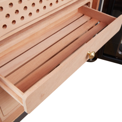 Afidano C8 electric cigar humidor with sculptural design, Spanish cedar drawers, fingerprint lock, LED lighting, and advanced climate control for storing up to 3,000 cigars.