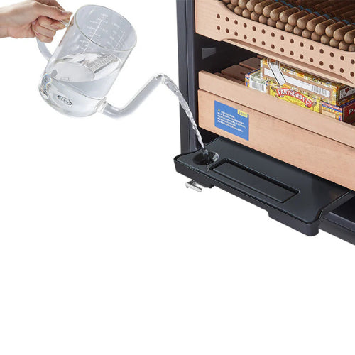 Afidano B2 electric cigar humidor with low-E glass door, Spanish cedar drawers, fingerprint lock, touch control panel, and climate control system for storing up to 850 cigars.