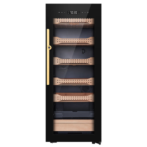 Afidano B4 electric cigar humidor with low-E glass door, Spanish cedar drawers, fingerprint lock, LED lighting, and precision climate control for storing up to 1,200 cigars.