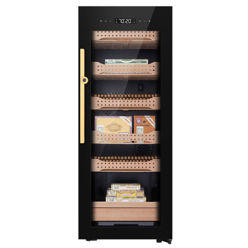 Afidano B4 electric cigar humidor with low-E glass door, Spanish cedar drawers, fingerprint lock, LED lighting, and precision climate control for storing up to 1,200 cigars.