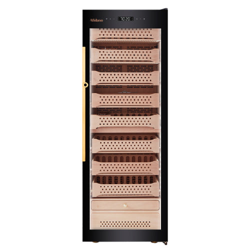 Afidano B6 Deluxe cigar humidor with low-E glass door, full Spanish cedar interior, fingerprint lock, LED lighting, and touch control climate system for storing up to 1,500 cigars.