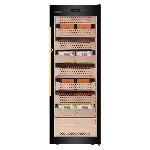 Afidano B6 Deluxe cigar humidor with low-E glass door, full Spanish cedar interior, fingerprint lock, LED lighting, and touch control climate system for storing up to 1,500 cigars.