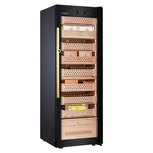 Afidano B6 Deluxe cigar humidor with low-E glass door, full Spanish cedar interior, fingerprint lock, LED lighting, and touch control climate system for storing up to 1,500 cigars.