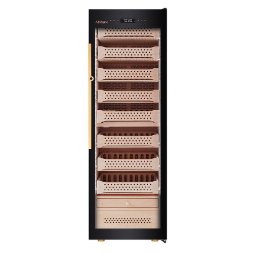 Afidano B8 luxury cigar humidor with low-E glass door, Spanish cedar drawers, fingerprint lock, LED lighting, and advanced touch control climate system for storing up to 2,200 cigars.