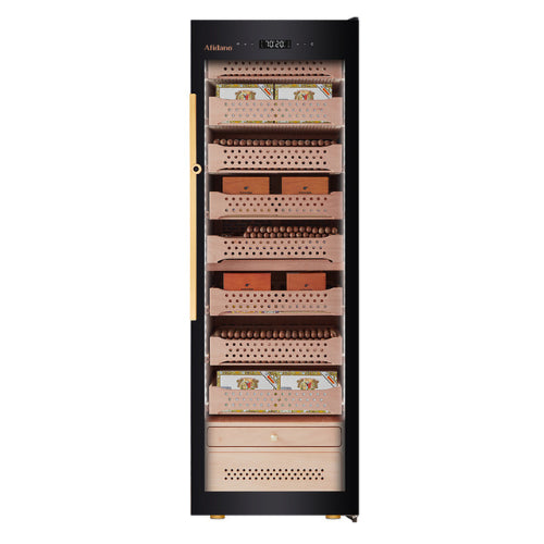 Afidano B8 luxury cigar humidor with low-E glass door, Spanish cedar drawers, fingerprint lock, LED lighting, and advanced touch control climate system for storing up to 2,200 cigars.