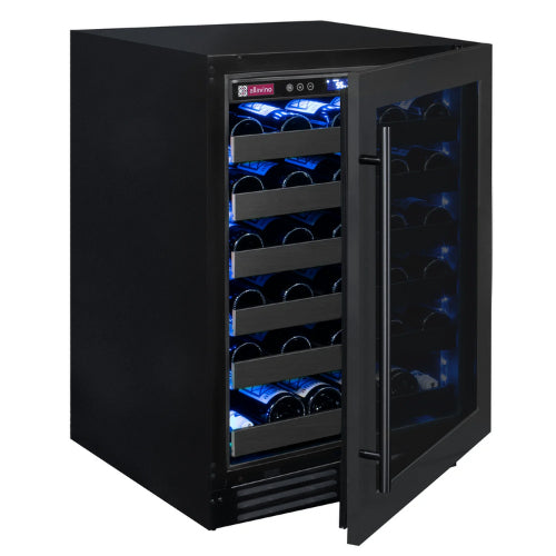 Allavino Reserva 50 bottle single zone wine refrigerator with black stainless steel finish, Tru-Vino temperature control, and UV-resistant glass door.