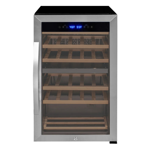Allavino Cascina 28 bottle dual zone wine refrigerator with stainless steel door, UV-resistant glass, dual temperature control, and wood-accented shelving.