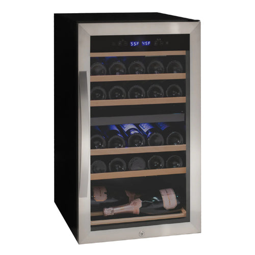 Allavino Cascina 28 bottle dual zone wine refrigerator with stainless steel door, UV-resistant glass, dual temperature control, and wood-accented shelving.