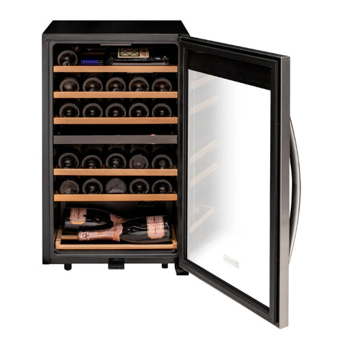 Allavino Cascina 28 bottle dual zone wine refrigerator with stainless steel door, UV-resistant glass, dual temperature control, and wood-accented shelving.