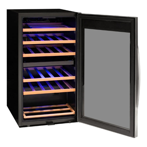 Allavino Cascina 28 bottle dual zone wine refrigerator with stainless steel door, UV-resistant glass, dual temperature control, and wood-accented shelving.