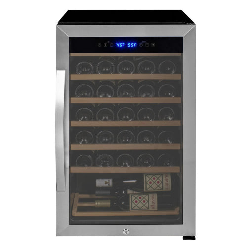 Allavino Cascina 33 bottle single zone wine refrigerator with stainless steel framed glass door, digital control, Tru-Vino-style cooling, and wood-accented shelving.
