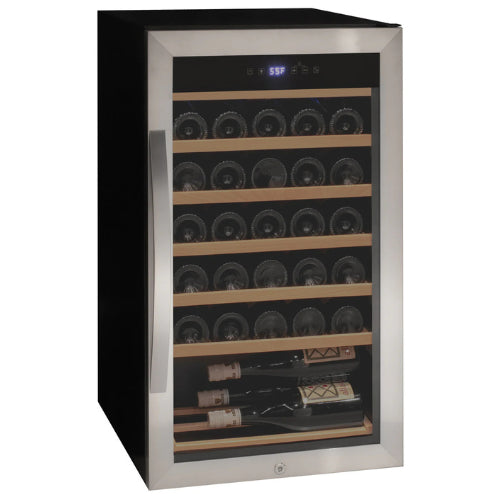 Allavino Cascina 33 bottle single zone wine refrigerator with stainless steel framed glass door, digital control, Tru-Vino-style cooling, and wood-accented shelving.