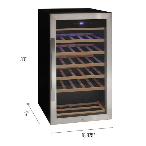 Allavino Cascina 33 bottle single zone wine refrigerator with stainless steel framed glass door, digital control, Tru-Vino-style cooling, and wood-accented shelving.