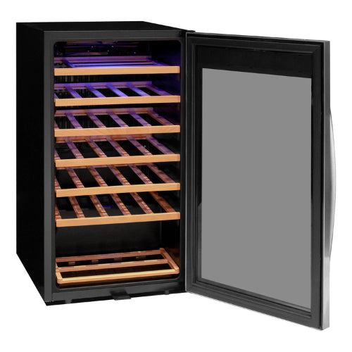 Allavino Cascina 33 bottle single zone wine refrigerator with stainless steel framed glass door, digital control, Tru-Vino-style cooling, and wood-accented shelving.