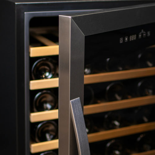 Allavino Cascina 33 bottle single zone wine refrigerator with stainless steel framed glass door, digital control, Tru-Vino-style cooling, and wood-accented shelving.