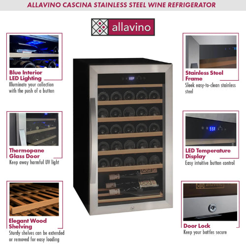 Allavino Cascina 33 bottle single zone wine refrigerator with stainless steel framed glass door, digital control, Tru-Vino-style cooling, and wood-accented shelving.