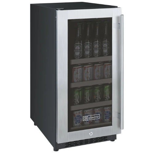 Allavino FlexCount II 15-inch beverage center with stainless steel door, Tru-Vino temperature control, UV-resistant glass, and adjustable FlexCount shelving for up to 64 cans.