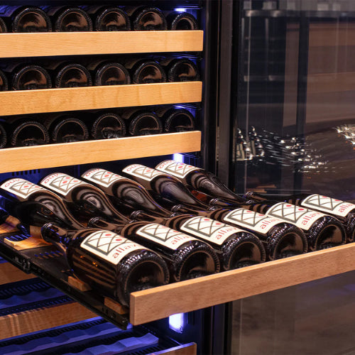 Allavino Reserva 163 bottle single zone wine refrigerator with stainless steel frame, UV-resistant glass, Tru-Vino cooling, and FlexCount glide-out shelves.