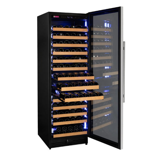 Allavino Reserva 163 bottle single zone wine refrigerator with stainless steel frame, UV-resistant glass, Tru-Vino cooling, and FlexCount glide-out shelves.