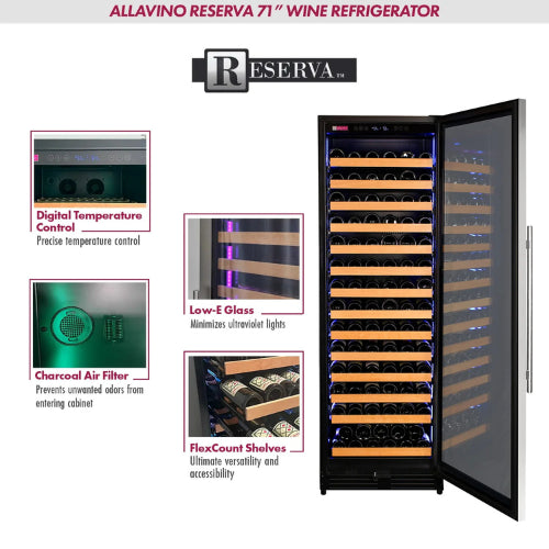 Allavino Reserva 163 bottle single zone wine refrigerator with stainless steel frame, UV-resistant glass, Tru-Vino cooling, and FlexCount glide-out shelves.