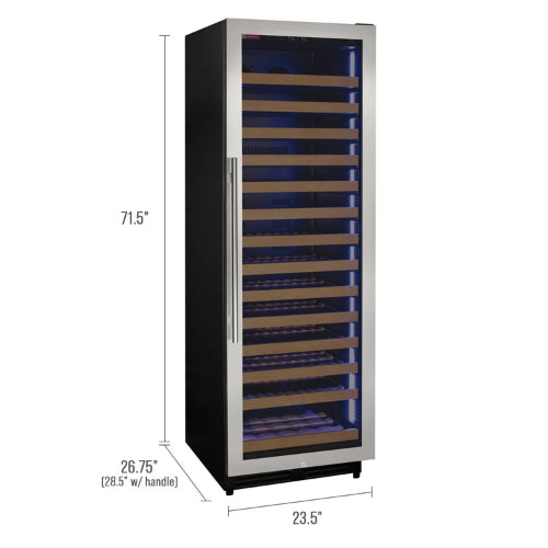 Allavino Reserva 163 bottle single zone wine refrigerator with stainless steel frame, UV-resistant glass, Tru-Vino cooling, and FlexCount glide-out shelves.