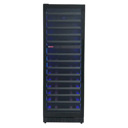 Luxury dual zone wine refrigerator by Allavino with black glass door, customizable interior lighting, and elegant wood-slat shelving in a tall slim design.