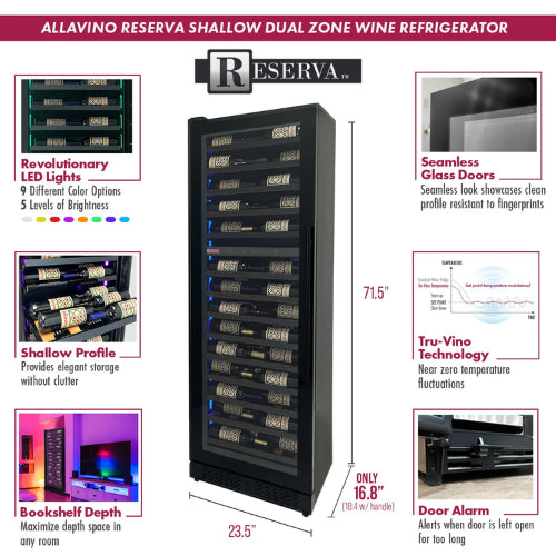 Luxury dual zone wine refrigerator by Allavino with black glass door, customizable interior lighting, and elegant wood-slat shelving in a tall slim design.