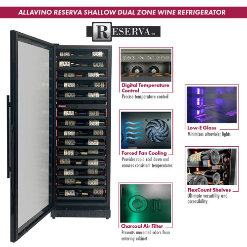 Luxury dual zone wine refrigerator by Allavino with black glass door, customizable interior lighting, and elegant wood-slat shelving in a tall slim design.