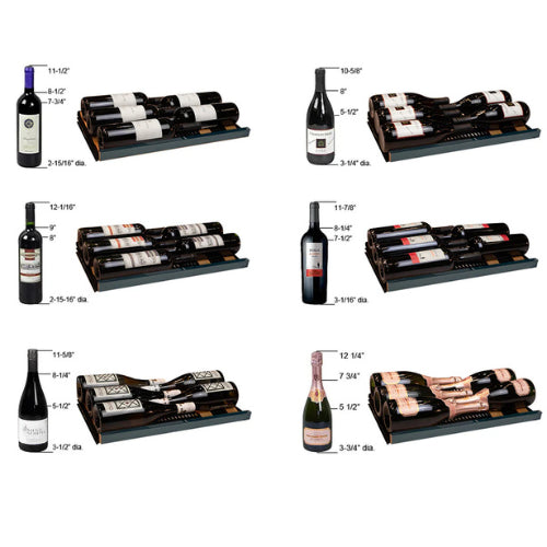 Luxury dual zone wine refrigerator by Allavino with black glass door, customizable interior lighting, and elegant wood-slat shelving in a tall slim design.