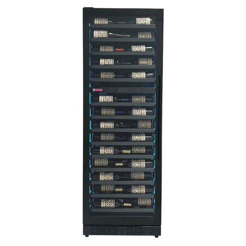 Luxury dual zone wine refrigerator by Allavino with black glass door, customizable interior lighting, and elegant wood-slat shelving in a tall slim design.