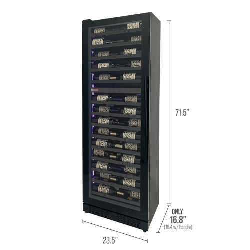 Luxury dual zone wine refrigerator by Allavino with black glass door, customizable interior lighting, and elegant wood-slat shelving in a tall slim design.