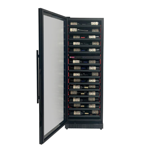 Luxury dual zone wine refrigerator by Allavino with black glass door, customizable interior lighting, and elegant wood-slat shelving in a tall slim design.
