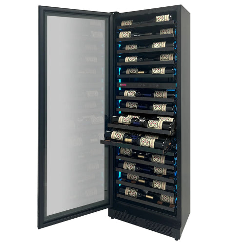 Luxury dual zone wine refrigerator by Allavino with black glass door, customizable interior lighting, and elegant wood-slat shelving in a tall slim design.