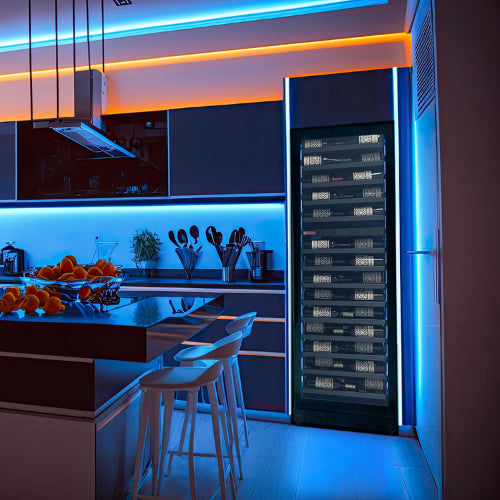 Luxury dual zone wine refrigerator by Allavino with black glass door, customizable interior lighting, and elegant wood-slat shelving in a tall slim design.