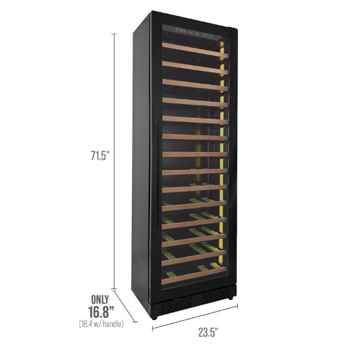 Allavino Reserva 67 bottle single zone wine refrigerator with black UV-resistant glass door, Tru-Vino temperature control, and adjustable wood-front shelves.