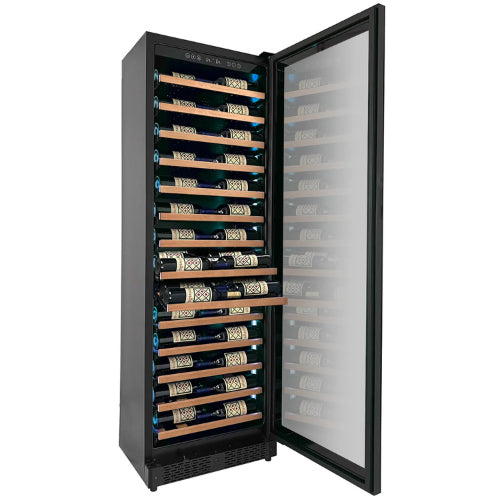 Allavino Reserva 67 bottle single zone wine refrigerator with black UV-resistant glass door, Tru-Vino temperature control, and adjustable wood-front shelves.