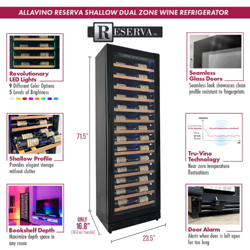Allavino Reserva 67 bottle single zone wine refrigerator with black UV-resistant glass door, Tru-Vino temperature control, and adjustable wood-front shelves.