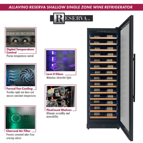 Allavino Reserva 67 bottle single zone wine refrigerator with black UV-resistant glass door, Tru-Vino temperature control, and adjustable wood-front shelves.