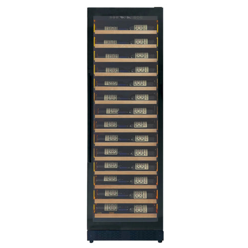Allavino Reserva 67 bottle single zone wine refrigerator with black UV-resistant glass door, Tru-Vino temperature control, and adjustable wood-front shelves.