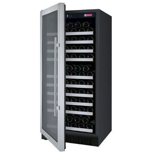 Stainless steel single zone wine refrigerator by Allavino featuring UV-protected glass, soft blue lighting, and sleek wood-accented shelving in a modern build.
