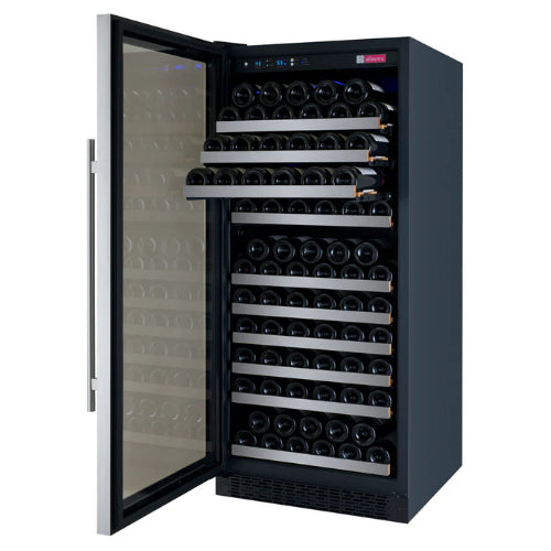 Stainless steel single zone wine refrigerator by Allavino featuring UV-protected glass, soft blue lighting, and sleek wood-accented shelving in a modern build.