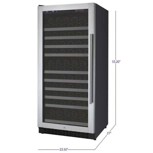Stainless steel single zone wine refrigerator by Allavino featuring UV-protected glass, soft blue lighting, and sleek wood-accented shelving in a modern build.