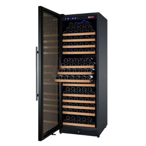 Allavino FlexCount II 177 bottle single zone wine refrigerator with black glass door, Tru-Vino cooling, wood-trimmed FlexCount shelving, and left-hinge design.